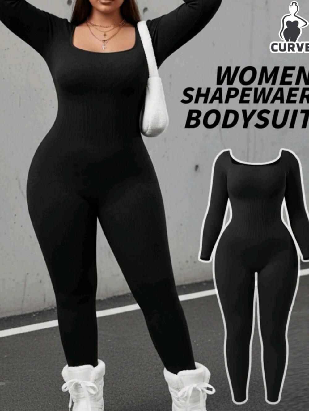 SHEIN Black Long-Sleeve Skinny Shapewear Bodysuit